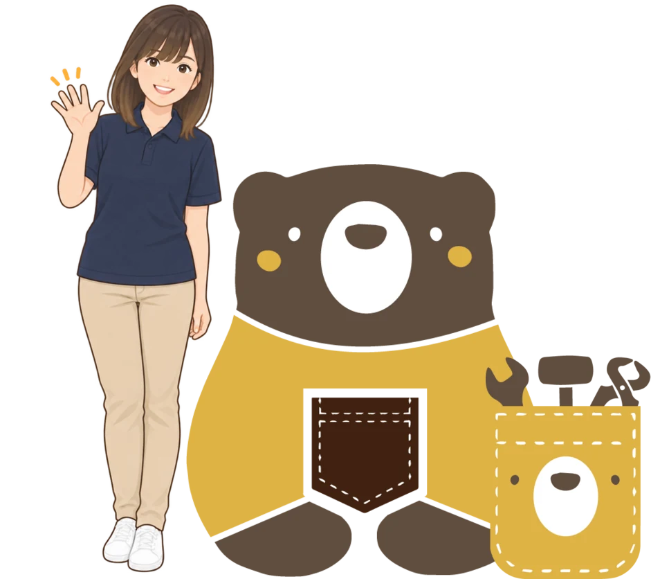 女性スタッフと、くまさん・ポケまるがご相談をご案内しています